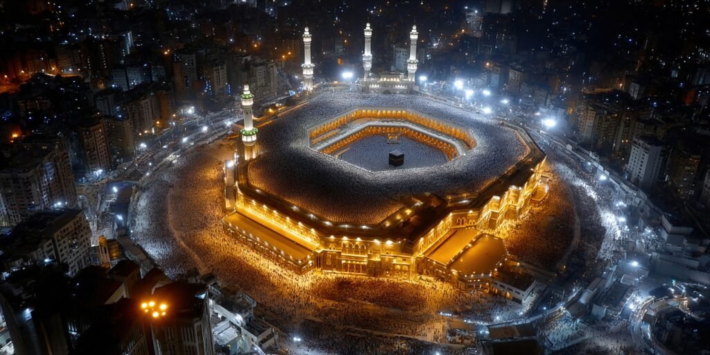 stunning aerial perspective of the great mosque of mecca at night, a sacred place for muslims.