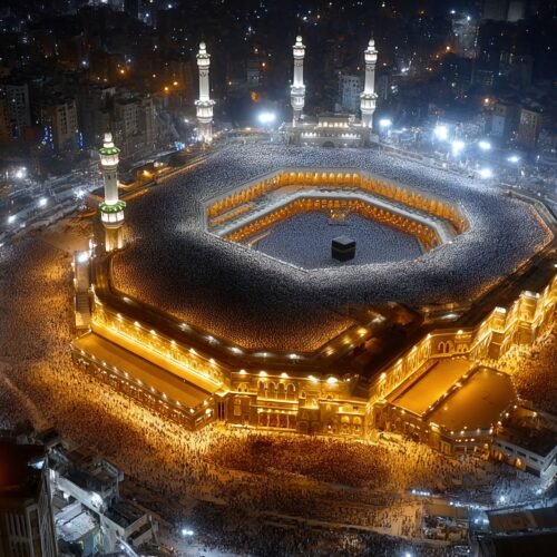 stunning aerial perspective of the great mosque of mecca at night, a sacred place for muslims.